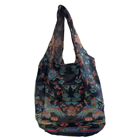 Johnny Was Packable Reuseable Shopping Tote Black Floral Women's Double Handles - Picture 2 of 8